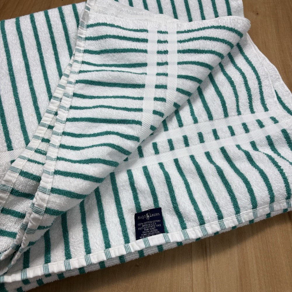 Vintage Ralph Lauren Beach Pool Towel Striped White Green USA Made Large 66"x34" - Picture 2 of 8